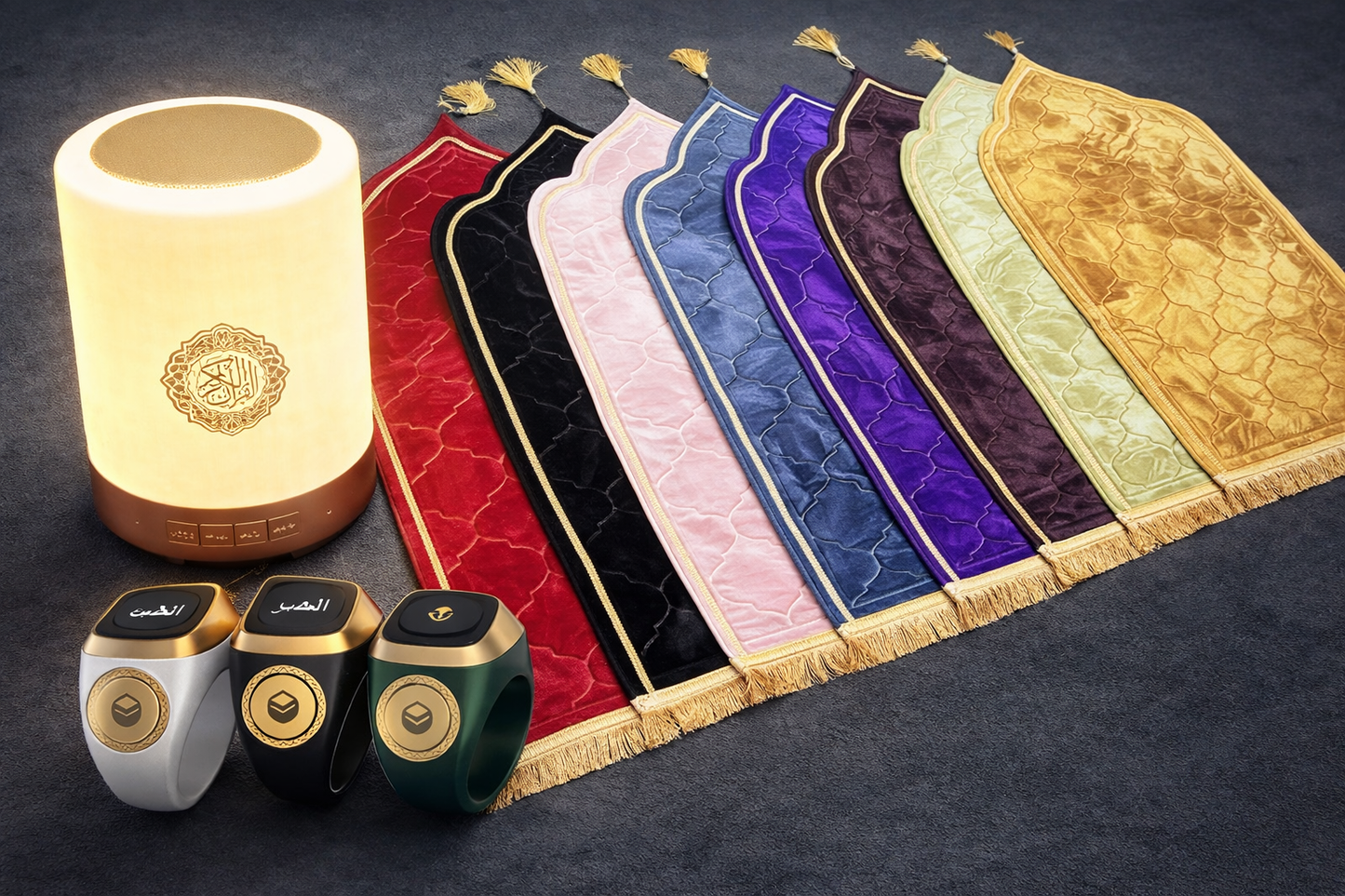 Luxury Prayer Mat set with Quran speaker and Zikhr Ring all in one Bundle