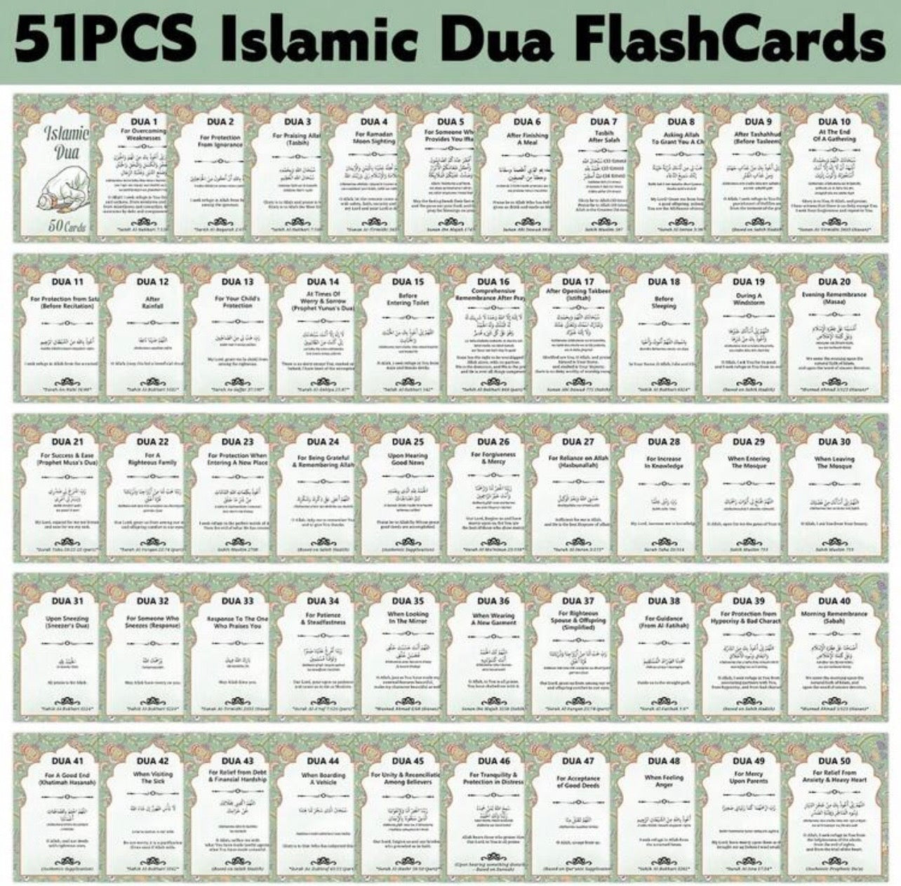 51pcs Islamic Dua Cards,Daily Islamic Prayer Cards, Islamic Duas For Ramadan & Eid Mubarak Blessings, Perfect For Self-Practice, Religious Gifts For Muslims